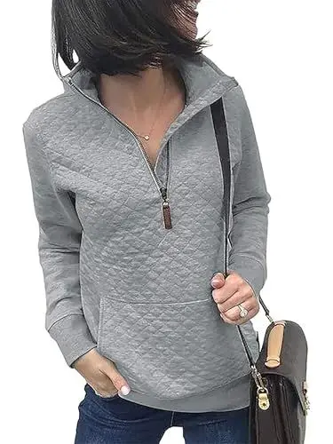 Produktbild: Awemeal Sweatshirt Damen Herbst Winter Mode Reißverschluss Pullover Oberteil Einfarbig Leicht Lange Ärmel Pullovershirt Pulli Casual Gestepptes Muster Jumper Blouse Sweater （M, Hellgrau）