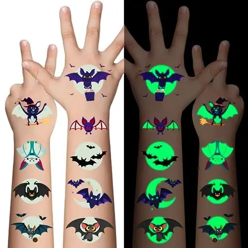 Produktbild: Awinmay Halloween Tattoo Kinder - 10 Blätter Leucht Fledermaus Temporäre Tattoos Aufkleber für Jungen Mädchen,Halloween Cosplay Gesicht Make-up Zubehör Mitgebsel Party Lieferungen Goody Bag Stuffers