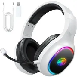 Produktbild: Awinnasey 2,4 GHz Wireless Gaming Headset, Geräuschunterdrückende Kabellose Kopfhörer mit Abnehmbarem Mikrofon für PC, Mac, Switch, PS4, PS5, Bluetooth Kopfhörer mit Kabel 3.5mm, Weiß