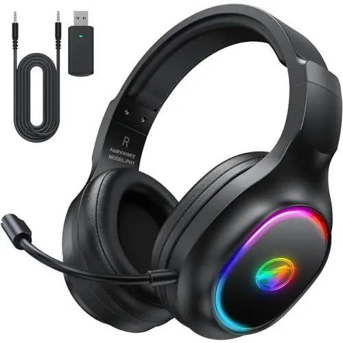 Produktbild: Awinnasey Wireless Gaming Headset für PS4, PS5, PC, Mac, Switch, 2,4 GHz Gaming Kopfhörer mit Geräuschunterdrückung und RGB Licht, Bluetooth Kopfhörer mit Kabel 3.5mm, Schwarz