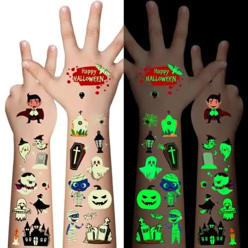 Produktbild: Awinway Halloween Tattoo Kinder - 360 Stücke Halloween Leuchtende temporäre Tattoo Aufkleber für Jungen Mädchen,Bulk Halloween Preise Süßes oder Saures Party Bevorzugung Goody Bag Stuffers 20 Blätter
