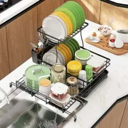 Produktbild: Awoyep Abtropfgestell Geschirr 2 Stufiges Geschirrabtropfgestell: Ausziehbarer Abtropfständer Platzsparendes Dish Drying Rack mit Abtropffläche Geschirrständer Drehbarem Auslauf (Schwarz-zweistufig)