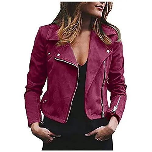 Produktbild: Awrvia Damen Kunstwildleder Bikerjacke Stilvolle Motorradjacke Einfarbig Lederjacke Klassisch Umlegekragen Outwear Locker Hirschleder Jacke mit Diagonal reißverschluss Übergangsjacke
