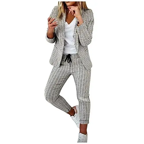 Produktbild: Awrvia Hosenanzüge für Damen Blazer 2-teilig Anzugjacke Karo Einfarbig Anzug Set Slimfit Festlich Damenanzug Sportlich Streetwear Elegant Freizeitmantel Business Mode Mantel Rave Oberbekleidung