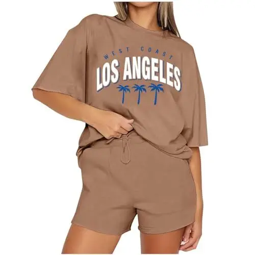 Produktbild: Jogginganzug Damen Sommer Sportanzug Freizeit Zweiteiler Leicht Kurz Hausanzug Lässiger Lounge Shorts und Top Outfits Einfarbig 2 Piece Set Elegant Trainingsanzug Festlich Hosenanzug
