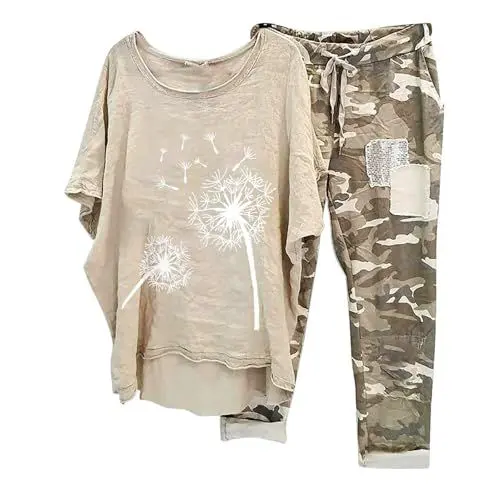 Produktbild: Awrvia Sport Outfit Damen Set Sportlich Baumwolle Freizeitanzug Modern Drucken Zweiteiler Elegant Schlanke 2 teiler Lang Hausanzug High Stretchy Hosenanzug Hochwertige Sommer Sportkleidung