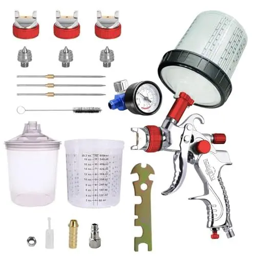 Produktbild: Awsuc HVLP Spritzpistole,Neueste Autolackierpistole mit Manometer, 1,4mm 1,7mm 2,0mm Düsen mit 600ML Einwegbechern&Farbmischbecher für Auto-Möbel-Lackierung (Rot)