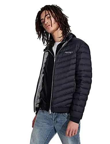 Produktbild: Armani Exchange Herren Milano/New York Logo Zip Down Jacket Daunenalternative Mantel, Marineblau/Grau meliert, XL EU