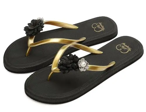 Produktbild: AX BOXING Flip Flops Damen Sommer Flach Zehentrenner Blumen Badelatschen Rutschfest Badeschlappen Indoor Outdoor Hausschuhe Größe 36-41 EU (Schwarz_04,37 EU)