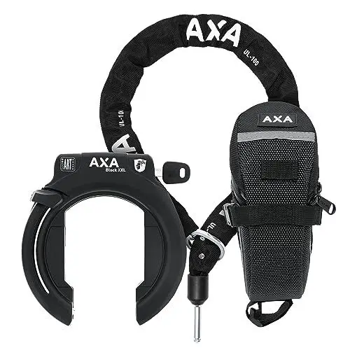 Produktbild: AXA Block XXL Rahmenschloss + ULC 100 Einsteckkette, Set mit Tasche – Fahrradschloss mit Plug-in-Kette – Sicherheitslevel 12 – Länge 100 cm – Schlüssel nicht abziehbar, Schwarz