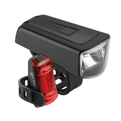 Produktbild: AXA Fahrradlicht Set Dwn 70 Lux – USB Aufladbar – 20 Stunden Leuchtdauer – Batterieanzeige – StVZO Zugelassen