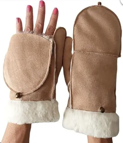 Produktbild: AXELENS Warme Handschuhe Frauen Winter Zu Öffnende Fäustlinge Elegant Komfortable Eco Wildleder S/M BEIGE