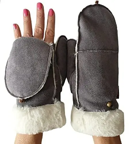 Produktbild: AXELENS Warme Handschuhe Frauen Winter Zu Öffnende Fäustlinge Elegant Komfortable Eco Wildleder S/M DUNKELGRAU