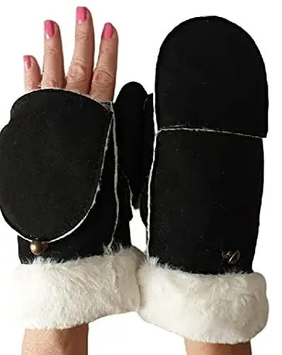 Produktbild: AXELENS Warme Handschuhe Frauen Winter Zu Öffnende Fäustlinge Elegant Komfortable Eco Wildleder S/M SCHWARZ