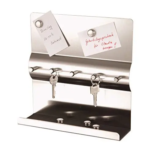 Produktbild: axentia 116736 Schlüsselboard in Silber, Memoboard aus rostfreiem Edelstahl, Schlüsselbrett mit fünf,Schlüsselhaken, Schlüsselleiste mit mit fünf Magneten, 25x25x7.5 cm