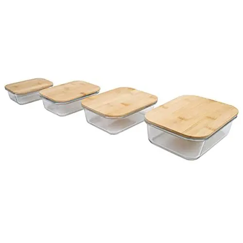 Produktbild: axentia Glas Frischhaltedosen-Set, transparent, holzfarben, 4-teilig