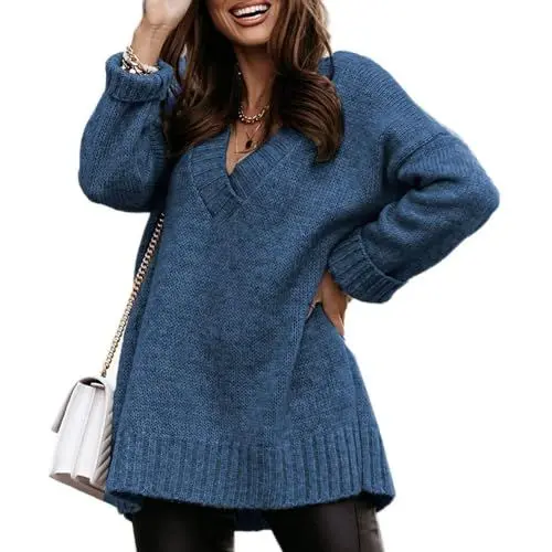 Produktbild: AXOC Drop-Shoulder-Pullover, stilvoller, weicher, eleganter Wickel-Pullover mit V-Ausschnitt, atmungsaktiv, Reine Farbe für Frauen für Weihnachtsfeiern (M)