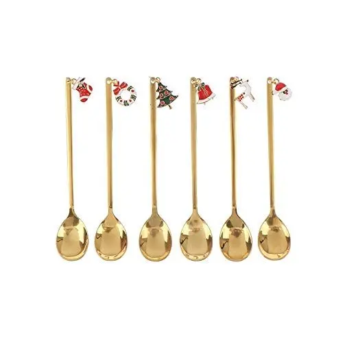 Produktbild: AXspeed Weihnachtslöffel, 6-teiliges Edelstahl-Löffel-Kochset mit Weihnachtsanhänger, Kaffee-Rührlöffel, Teelöffel, Dessertlöffel, mit Geschenkverpackung (goldfarben)