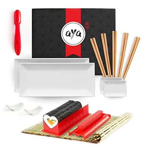Produktbild: AYA Sushi Making Kit - Das Lover Set - Komplettes Maker, Nigiri Maker, Bambusmatte, 2 Teller, 2 Saucenschalen, 5 Essstäbchen und 2 Essstäbchenhalter