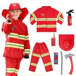 Produktbild: AYBUY Feuerwehr Kostüm Set für Kinder，Feuerwehrmann Kostüm Kinder，Feuerwehr Rollenspiel Set mit Spielzeug-Feuerlöscher，Waschbares Kostüm Feuerwehrmann Set für Karneval, Fasching, Mottoparty