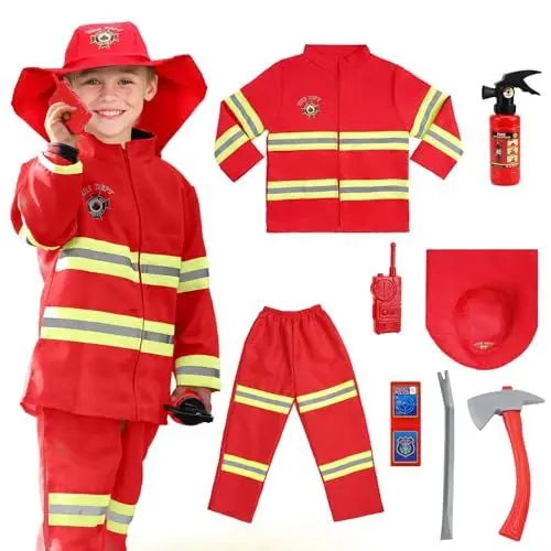 Produktbild: AYBUY Feuerwehr Kostüm Set für Kinder，Feuerwehrmann Kostüm Kinder，Feuerwehr Rollenspiel Set mit Spielzeug-Feuerlöscher，Waschbares Kostüm Feuerwehrmann Set für Karneval, Fasching, Mottoparty