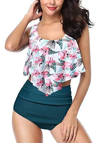 Produktbild: AYEEBOOY Damen Badeanzug Hoher Taille Blikini Set Rüschen Retro Zweiteilige Bademode (12plum gn,XL)