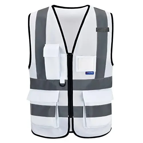 Produktbild: AYKRM Weiß Reflektierendes WarnschutzWeste Warnweste mit Reflektorstreifen mit Reißverschluss und Taschen Arbeitsweste