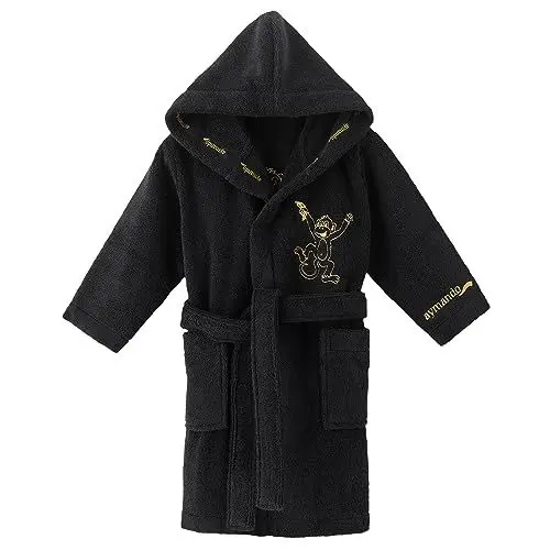 Produktbild: Aymando Kinderbademantel | Luxus Morgenmantel mit Gold bestickten Motiven in Premium Qualität 100% Baumwolle und Geschenkverpackung | Jungs und Mädchen | Affe, Größe 116-128, Schwarz-Gold