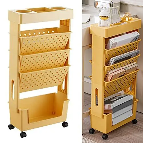 Produktbild: AYNEFY Bewegliches Bücherregal mit Mehrschichtiger Kapazität, Drehbar, Abnehmbar, aus Kunststoff, Praktisches Rollendes Organisationsregal, Bewegliches Lagerregal mit Rad (Orange)