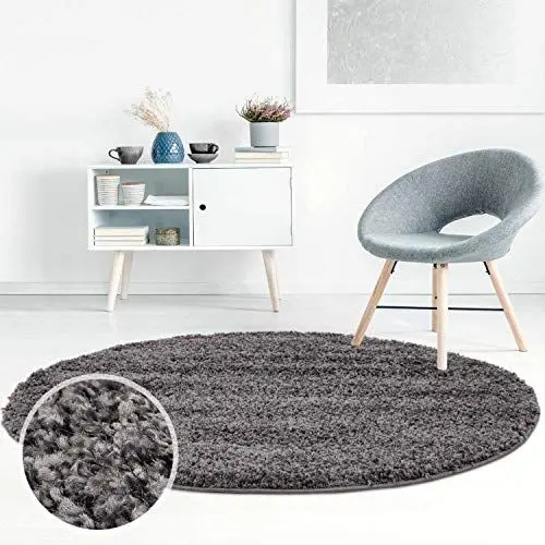 Produktbild: ayshaggy Shaggy Teppich Hochflor Langflor Einfarbig Uni Dunkelgrau Weich Flauschig Wohnzimmer, Größe: 200 x 200 cm Rund