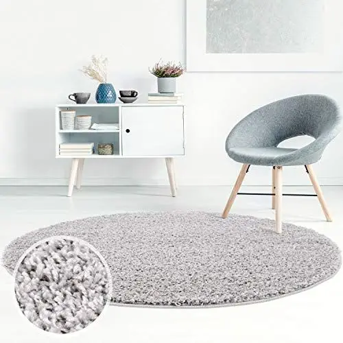 Produktbild: ayshaggy Shaggy Teppich Hochflor Langflor Einfarbig Uni Grau Weich Flauschig Wohnzimmer, Größe: 200 x 200 cm Rund