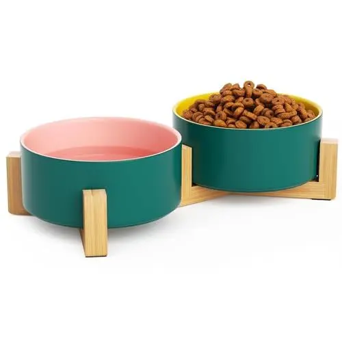 Produktbild: Aystkniet Hundenapf Keramik für Hunde, Doppel 850ml Keramiknäpfe mit Futternapf und Wassernapf mit Rutschfestem Bambusständer, Schwergewicht und Langlebig Katzennapf, Spülmaschinenfest, Modern