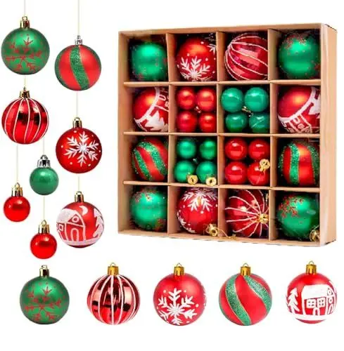 Produktbild: Ayuanb Weihnachtskugeln Grün und Rot, 44 Stück Weihnachtsdeko Kugeln, 3 cm und 6 cm Plastik Christbaumkugeln Set, Christbaumschmuck Kunststoff mit Aufhänger, Weihnachtsbaum Deko für Party