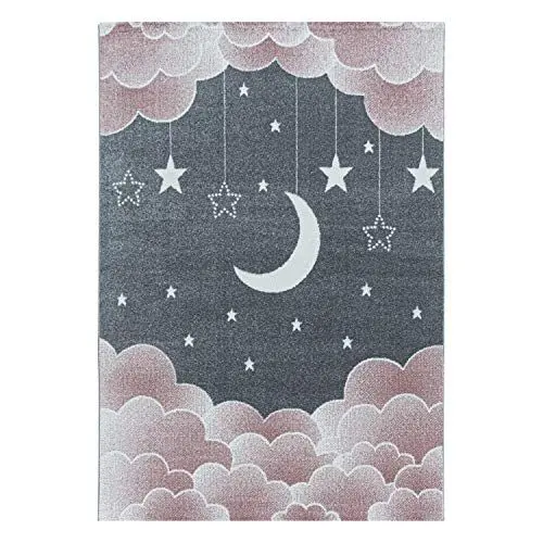Produktbild: Ayyildiz Kinderteppich Kurzflor - Mond- und Sternenmuster - Rechteckig - Pflegeleicht - Pastellfarben - Perfekt für Kinderzimmer, Spielzimmer oder Babyzimmer, Größe:160 x 230 cm, Farbe:Pink