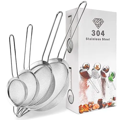Produktbild: AyZou® Küchensieb - Set feinmaschig 304 Edelstahl - (Spülmaschinenfest) - 8/10/12/14cm - Feinmaschsieb 4er Set zum Backen und Kochen - Vier Größen (klein bis mittel)