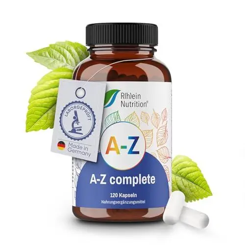 Produktbild: A-Z Complete - Multivitamin Kapseln Hochdosiert - Mineralien - 120 Kapseln - Zink Vitamin B Komplex Magnesium - Vegan Ohne Zusätze - in Deutschland hergestellt - Rhein Nutrition