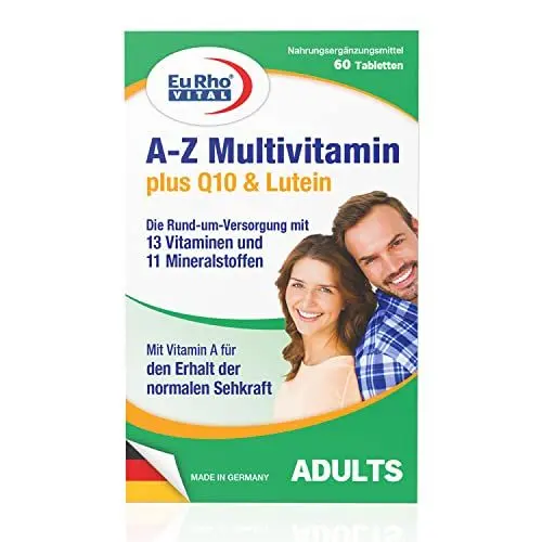 Produktbild: A-Z Multivitamin Tabletten mit Q10 und Lutein | Die vegetarische Rund-um-Versorgung mit 13 Vitaminen und 11 Mineralstoffen | 60 Tabletten für 2 Monate | EuRho® Vital – Made in Germany