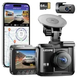 Produktbild: AZDOME Dashcam Auto Vorne Hinten 4K/2,5K GPS WiFi Dash Cam Auto mit Starvis, 64GB SD Karte, Auto Kamera, Parküberwachung, Super Nachtsicht, WDR, 170° Weitwinkel, G-Sensor, Loop-Aufnahme, GS63H Pro