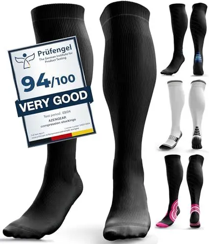 Produktbild: aZengear Kompressionsstrümpfe für Damen Herren (20-30 mmHg Klasse 2) Stützstrümpfe Medizinisch Kompressionssocken Waden Kompression für Laufen Reise Flug Sport Schwangerschaft (Schwarz, L/XL)