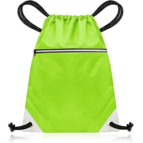 Produktbild: aZengear Kordelzugbeutel (35x40cm) aus wasserdichtem recyceltem Polyester für Fitnessstudio, Sport, Sport, Schwimmen | Leicht reflektierende Reißverschlusstaschen und Kordel (Neongrün)