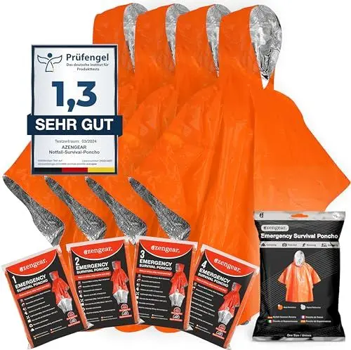 Produktbild: aZengear Notfall-Survival-Poncho (4 Stück) Thermo-Mylar-Folienbeschichtung Decke für Wärmehaltung und Regen | wendbar mit Kapuze | wasserdicht, Winddicht, tragbar, freihändig, Outdoor-Kit