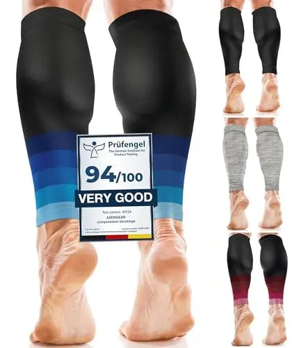Produktbild: aZengear Wadenbandage Muskelfaserriss für Herren, Damen, Fußlose Waden Kompressionsstrümpfe zur Abhilfe bei Schienbeinkantensyndrom und Krämpfen, Sport (Schwarz mit Marineblau, XXL)