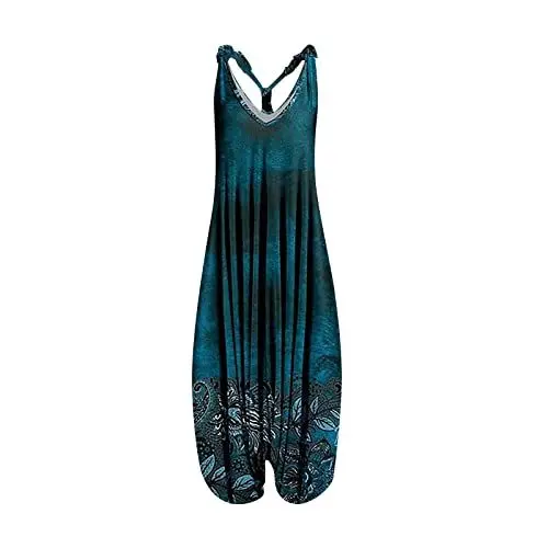 Produktbild: AZISEN Jumpsuits für Damen, Overall Damen Elegant Damen ärmellos Racer Zurück Jumpsuit Lose Riemchen Overalls Floral Print Retro Rompers Elegant Overall Kostüm Damen Blumendruck Rompers (Blau,S)