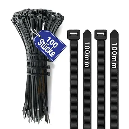 Produktbild: AZISHA Kabelbinder Schwarz 100 Stücke - 100mm Kabelbinder UV Beständig - Nylon Zip Ties - Kabelbinder Anthrazit für Kabelmanagement, Werkstätten, Gartenarbeit Und Wohnen
