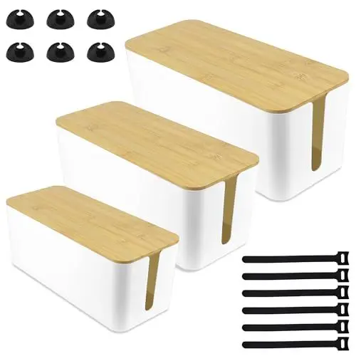 Produktbild: AZKEEGREY 3er Set Weiß Kabelmanagement Box, Innen Kabelbox zum Verstecken mit Bambusdeckel für Steckdosenleis (Groß & Medium & Klein)