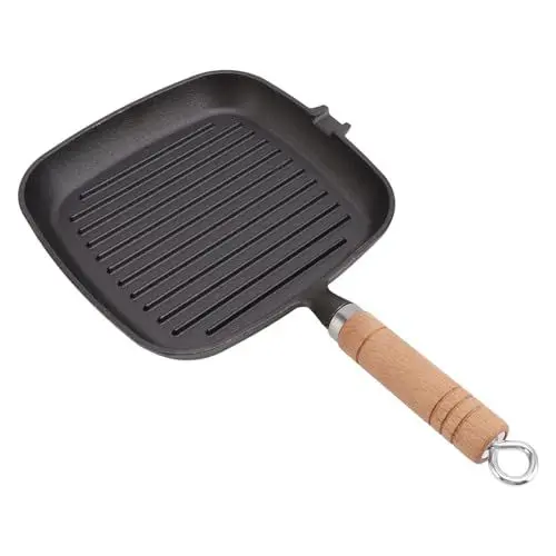 Produktbild: AZMUDE Gusseisenpfanne, antihaftbeschichtet, 20,8 cm, quadratische Bratpfanne, unbeschichtete Grillpfanne mit Holzgriff für Steak, Fisch und Fleisch