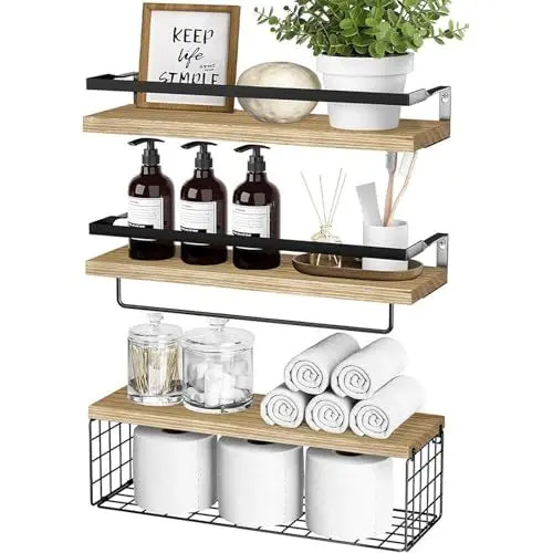 Produktbild: AZVFLY Holz Aufbewahrung Regal Satz: 3er-Set Rostfreies Schweberegal, 42 cm Modernes Deko-Wandregal Neue Modelle für 2025 Geeignet für Badezimmer, Wohnzimmer, Kinderzimmer Speicherplatz (Holzfarbe)