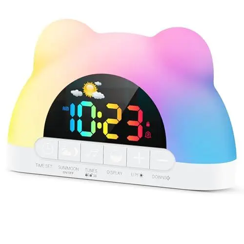 Produktbild: Azyh Kinderwecker, Wecker Digital für Mädchen Jungen, Schlaftrainer Kinder mit 11 RGB Farb Nachtlicht, OK zum Aufwachen der Plug-In Elektrische Wecker, 10 Soundeffekten, Dual Alarms, Snooze, 12/24