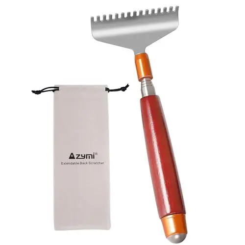 Produktbild: Azymi breiter Rückenkratzer, ausziehbarer Rückenkratzer für Damen und Herren, lang, 50,8 cm, mit Massivholzgriff, Massagerolle, extra breit, 15 Zähne, robust, manueller Rückenkratzer aus Metall