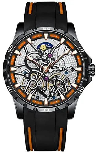 Produktbild: B BINGER Skelett Herren Automatik Uhr Mechanische Analog Leuchtend mit Stahlband (Schwarz Orange)